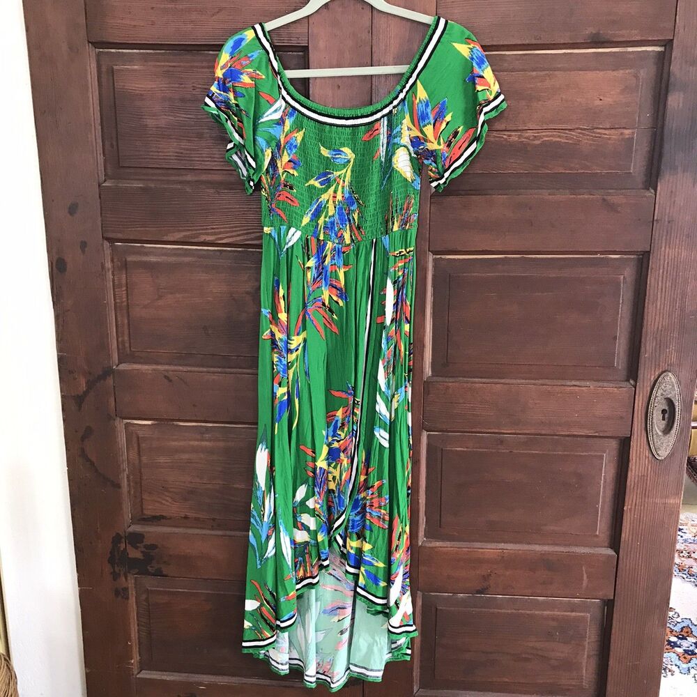 Jealous Tomato Tropical Leaf Print Hi Low Maxi Dress Off Shoulder Rayon Sz S